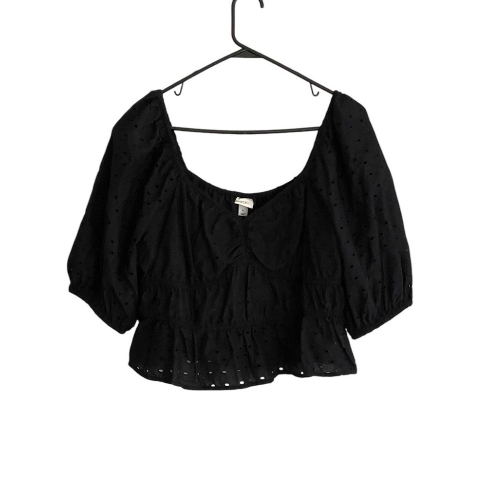 A New Day Top XL Puff Sleeve Eyelet Crop Black 100% Cotton Boho Summer